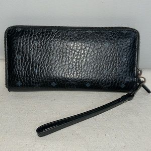 Authentic MCM black long zippy leather wallet with detachable clutch handles